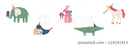 Animal Character at Birthday Party Celebrate Holiday Vector Set 128281913