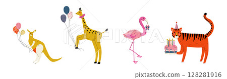 Animal Character at Birthday Party Celebrate Holiday Vector Set 128281916