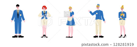 Hotel Staff Man and Woman Character in Blue Uniform Vector Set Hotel Staff Man and Woman Character in Blue Uniform Vector Set 128281919