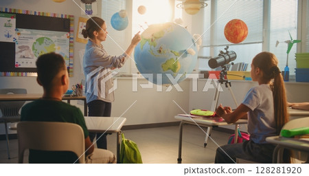 Primary School Children Studying Renewable Energy in Modern Multiethnic Classroom Primary School Children Studying Renewable Energy in Modern Multiethnic Classroom 128281920