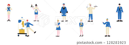 Hotel Staff Man and Woman Character in Blue Uniform Vector Set Hotel Staff Man and Woman Character in Blue Uniform Vector Set 128281923