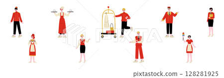 Hotel Staff Man and Woman Character in Red Uniform Vector Set 128281925