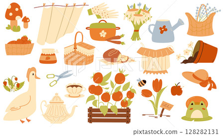 Rustic cottagecore elements. Cottage garden illustration. Rustic cottagecore elements. Cottage garden illustration. 128282131