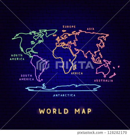 World Map Neon Continents Text 128282170