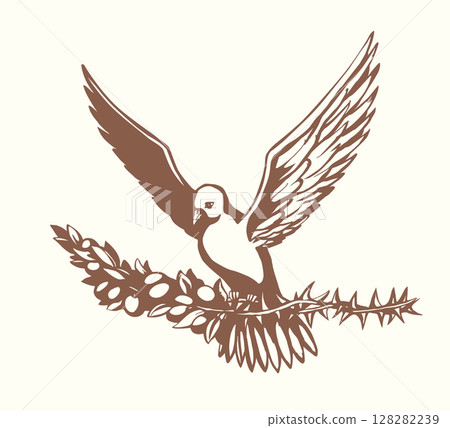 Vector drawing. Dove with thorn in the sky Vector drawing. Dove with thorn in the sky 128282239
