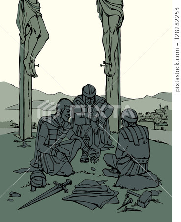 Vector drawing. Soldiers at the cross. 128282253