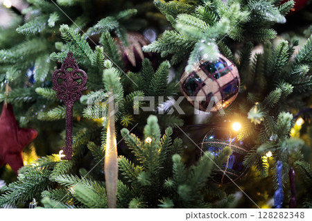 close up of ornamented Christmas tree close up of ornamented Christmas tree 128282348