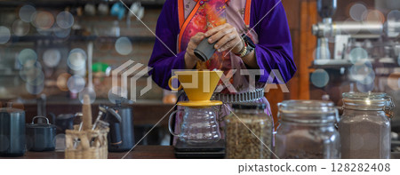 Process drip coffee, Barista start chose coffee bean and Roasting.  128282408