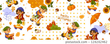 Seamless Autumn Kids Scooter Pattern 128282462