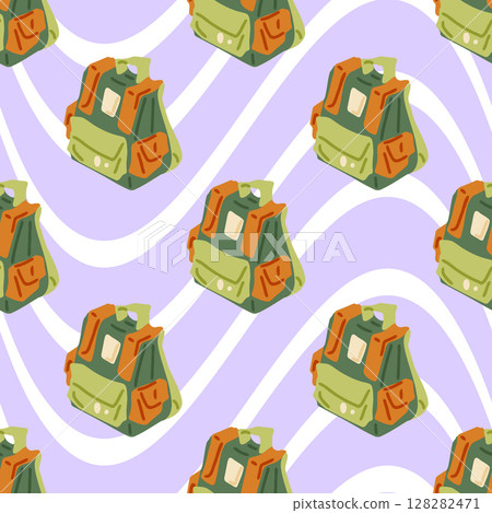 Seamless Cartoon Hiking Backpack Pattern 128282471