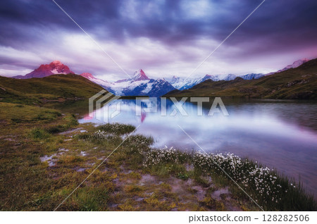 Great view of Mt. Schreckhorn and Wetterhorn above Bachalpsee lake. Grindelwald, Switzerland. Europe. Great view of Mt. Schreckhorn and Wetterhorn above Bachalpsee lake. Grindelwald, Switzerland. Europe. 128282506