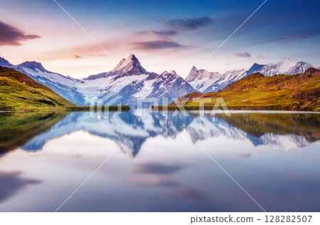 Great view of Mt. Schreckhorn and Wetterhorn above Bachalpsee lake. Grindelwald, Switzerland. Europe. 128282507