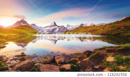 Great view of Mt. Schreckhorn and Wetterhorn above Bachalpsee lake. Grindelwald, Switzerland. Europe. Great view of Mt. Schreckhorn and Wetterhorn above Bachalpsee lake. Grindelwald, Switzerland. Europe. 128282508