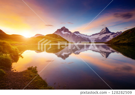Great view of Mt. Schreckhorn and Wetterhorn above Bachalpsee lake. Grindelwald, Switzerland. Europe. 128282509