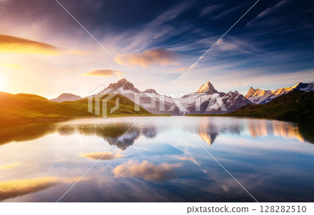 Great view of Mt. Schreckhorn and Wetterhorn above Bachalpsee lake. Grindelwald, Switzerland. Europe. 128282510