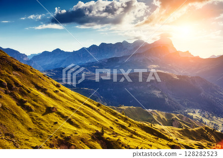 National Park Dolomites (Dolomiti), Pordoi pass. Province Belluno, Veneto, Tyrol, Italy alps, Europe. National Park Dolomites (Dolomiti), Pordoi pass. Province Belluno, Veneto, Tyrol, Italy alps, Europe. 128282523