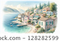 Watercolor of a coastal village with pastel houses and sea breeze, capturing a soft Mediterranean summer vibe 128282599
