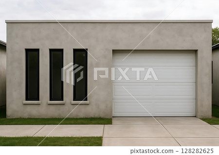 Modern Garage with Windows and Concrete Driveway 128282625