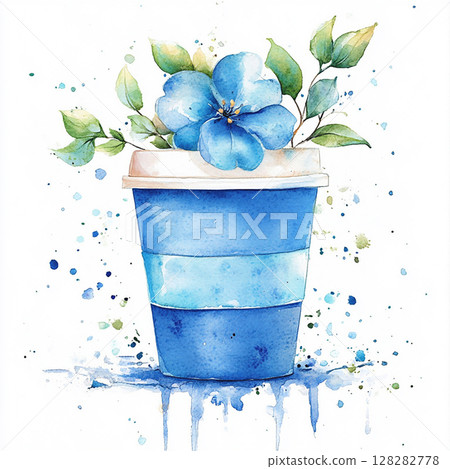 Watercolor coffee with flowers and leaf on white background. Botanical clipart with drink for design 128282778
