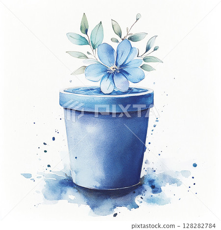Watercolor coffee with flowers and leaf on white background. Botanical clipart with drink for design 128282784
