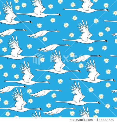 Hand draw swans over blue background seamless pattern 128282829