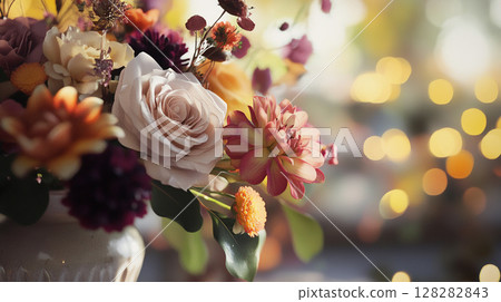 Elegant autumn floral arrangement in warm, muted tones against a bokeh background of golden light. Elegant autumn floral arrangement in warm, muted tones against a bokeh background of golden light. 128282843