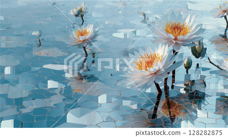 夢幻般的白色睡蓮漂浮在水面上，以幾何圖案繪製 128282875