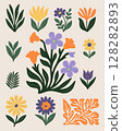 Set of stylized floral decorative elements with leaves and flowers in green yellow and purple 128282893