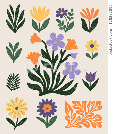 Set of stylized floral decorative elements with leaves and flowers in green yellow and purple 128282893