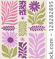 Set of stylized floral decorative elements with leaves and flowers in green pink and purple 128282895