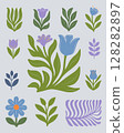 Set of stylized floral decorative elements with leaves and flowers in green yellow and purple 128282897