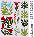 Collection of flat botanical illustrations with red blue flowers and green leaves in hand drawn style on soft background 128282899