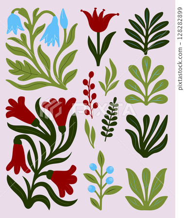 Collection of flat botanical illustrations with red blue flowers and green leaves in hand drawn style on soft background 128282899