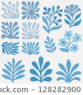 Collection of stylized blue floral and leaf elements with botanical decorative shapes in flat design 128282900