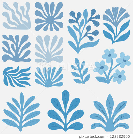 Collection of stylized blue floral and leaf elements with botanical decorative shapes in flat design Collection of stylized blue floral and leaf elements with botanical decorative shapes in flat design 128282900