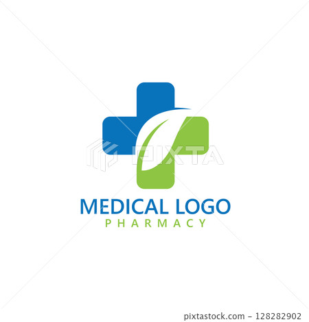 medical and pharmacy logo design template. medical cross and leaf medical and pharmacy logo design template. medical cross and leaf 128282902