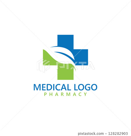 medical and pharmacy logo design template. medical cross and leaf medical and pharmacy logo design template. medical cross and leaf 128282903