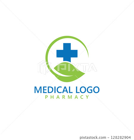 medical and pharmacy logo design template. medical cross and leaf 128282904