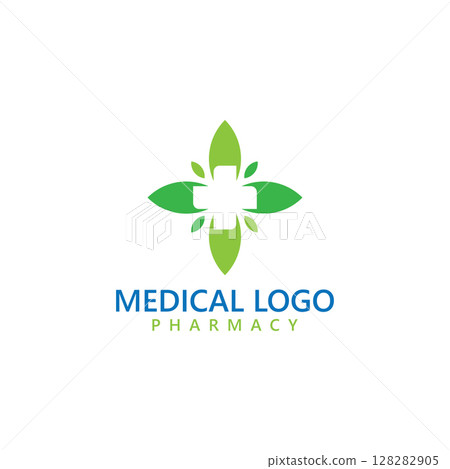 medical and pharmacy logo design template. medical cross and leaf 128282905