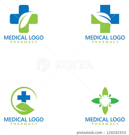 medical and pharmacy logo design template. medical cross and leaf medical and pharmacy logo design template. medical cross and leaf 128282910