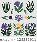 Set of stylized floral decorative elements with leaves and flowers in green yellow and purple 128282911