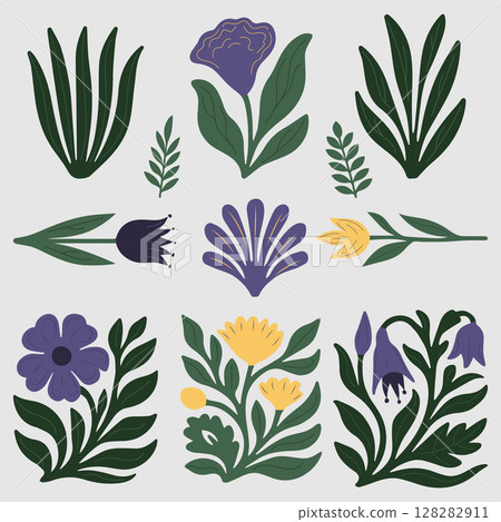 Set of stylized floral decorative elements with leaves and flowers in green yellow and purple 128282911