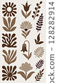 Set of abstract floral and leaf elements in brown color palette with natural botanical shapes in flat style 128282914