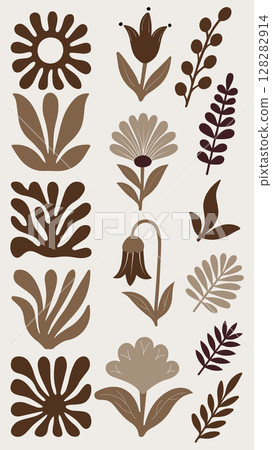 Set of abstract floral and leaf elements in brown color palette with natural botanical shapes in flat style 128282914