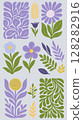 Set of stylized floral decorative elements with leaves and flowers in green yellow and purple 128282916