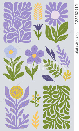 Set of stylized floral decorative elements with leaves and flowers in green yellow and purple 128282916