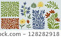 Set of stylized floral decorative elements with leaves and flowers in green yellow and purple 128282918