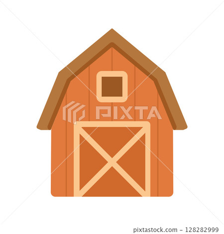 Rustic orange barn with cross-door and small window, great for farm-themed children books, rural living icons, or cozy countryside designs 128282999