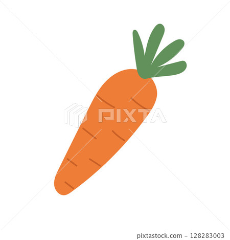 Bright orange carrot with green top in flat cartoon style, great for healthy food illustrations, kids farming content, or organic vegetable icons 128283003