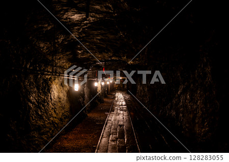 Dark mining shaft in the underground Lackawanna Coal Mine Tour at McDade Park. Dark mining shaft in the underground Lackawanna Coal Mine Tour at McDade Park. 128283055